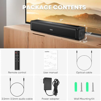 Saiyin Sound Bar,Soundbar for TV with 4 Powerful Speakers,Surround Sound System for TV,17 inch Soundbar with Bluetooth/HDMI-ARC/Optical/AUX,Wall Mountable