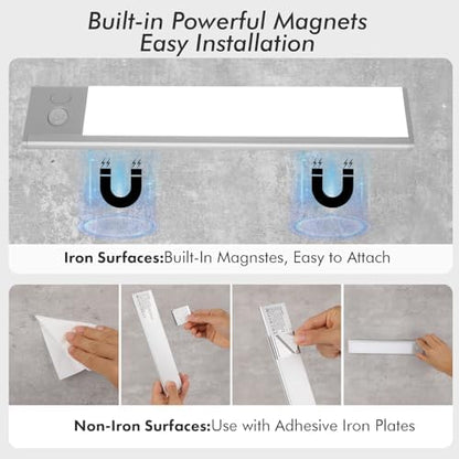 2 Pack Under Cabinet Lighting, 3 Colors & Dimmable Motion Sensor Light Indoor, 900mAh Rechargeable Under Cabinet Lighting Magnetic for Kitchen, Stairs, Closets, Silver(Aluminum Alloy+ABS +PC)