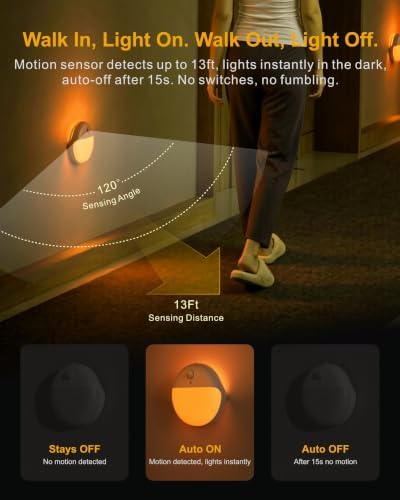 YUNLEX Small Motion Sensor Amber Night Light Battery Operated, Toilet Light