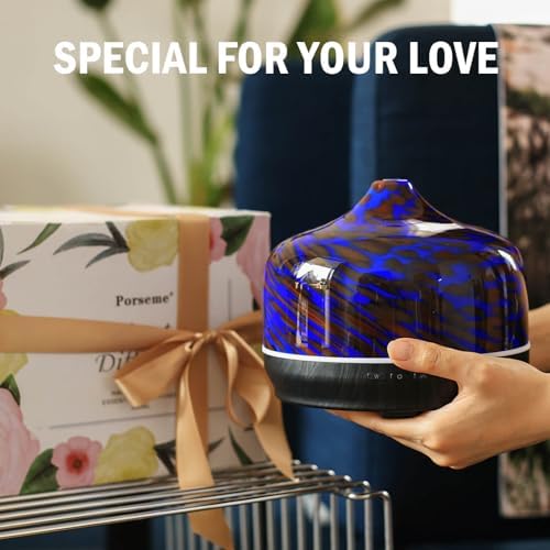 Porseme 500ml Glass Essential Oil Diffuser Aromatherapy Ultrasonic Cool Mist Humidifier 15-21 Running Hours Waterless Auto-Off Air Diffusers for Sleeping Yoga Working Spa(Cobalt Blue)