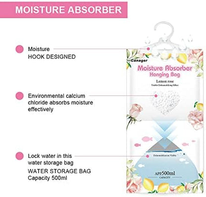 CANAGER Hanging Moisture Absorber, Lemon Rose Moistureproof Hanging Bag，Dehumidifier Bag (8 packs) Hanging Closet Dehumidifier Bags, Moisture Absorb 12.5 oz