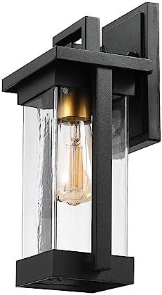 Globe Electric 60000028 1-Light Outdoor Wall Sconce, Matte Black, Brass Accent, Clear Seeded Glass Shade, Weather Resistant, Front or Back Porch Decor, Modern Exterior Lighting, Patio Lights