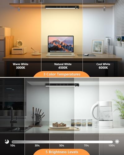 WILLED Under Cabinet & Closet Lights, Motion Sensor, Rechargeable, Magnetic, 3 Color Temps, Dimmable LED Light Bar for Indoor Kitchen Counter (4 Pack, Black)