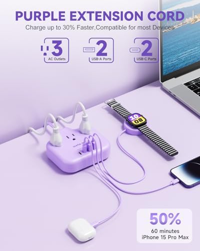 Purple Extension Cord with 3 AC Outlets and 4 USB(2 USB-C) Ports, 1625W Purple Travel Power Strip, Cute Kawaii Desk Accessories forfor Travel Curise Office Dorm Kitchen