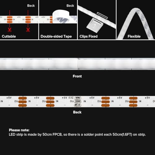 BTF-LIGHTING FCOB COB WS2812B IC RGB LED Strip DC5V 13.1FT 640LED 5mm IP30
