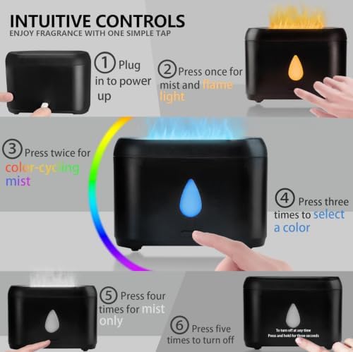 Flame Diffuser for Essential Oils, 200ml Ultrasonic Aroma Diffusers with Cool Mist, Aromatherapy Diffuser with Auto-Off Protection (Black(7 Colors), Peppermint+Lavender+Tea Tree+Lemon)