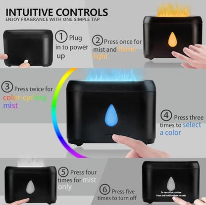 Flame Diffuser for Essential Oils, 200ml Ultrasonic Aroma Diffusers with Cool Mist, Aromatherapy Diffuser with Auto-Off Protection (Black(7 Colors), Peppermint+Lavender+Tea Tree+Lemon)