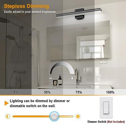 SineRise LED Modern Bathroom Vanity Light Bar (24-Inch, 3000K/4000K/6000K), Matte Black Dimmable Modern Acrylic Bathroom Wall Lighting Fixtures Over Mirror
