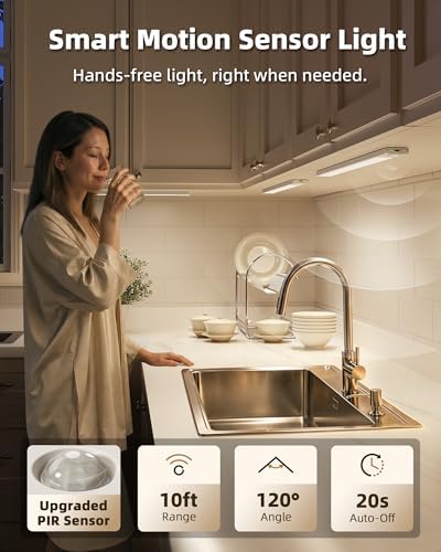 EZVALO 16.5'' Under Cabinet Lighting Wireless, 3Pack Rechargeable Closet Lights, LED Motion Sensor Indoor, Dimmable & 3 Color Temps Battery Operated with Power Display, for Kitchen, Stairs, Bookshelf