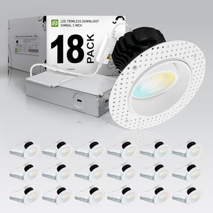 ASD 4 Inch Trimless Gimbal LED Recessed Ceiling Light, Adjustable Directional Downlight with Junction Box, 5CCT 2700K-5000K, 17W 1623 Lumens, CRI90+, Anti-Glare, Dimmable, IC & Wet Rated, ETL, 18 Pack