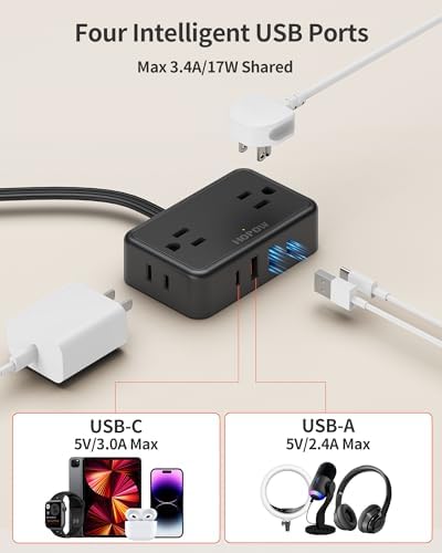 HOPOW Flat Plug Extension Cord, 4AC&2A2C, 3 FT Power Strip for Travel