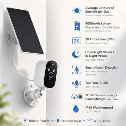 XVIM 2K Solar Camera 2-Pack Wireless Outdoor, PIR Detection & 2-Way Audio