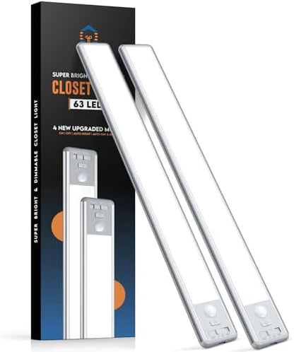 Reoshine 63 LED Closet Lights Motion Sensored, 2500mAh Rechargeable Under Cabinet Lighting, Dimmable & Magnetic Light Bar for Kitchen Cabinets, Hallways (2 Pack)