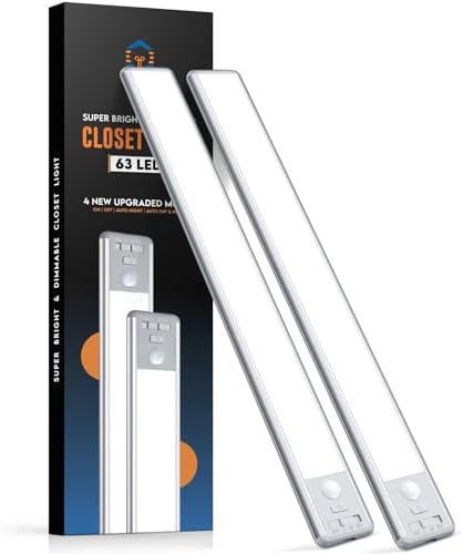 Reoshine 63 LED Closet Lights Motion Sensored, 2500mAh Rechargeable Under Cabinet Lighting, Dimmable & Magnetic Light Bar for Kitchen Cabinets, Hallways (2 Pack)