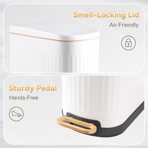 SYNCVIBE Slim Bathroom Trash Can with Soft Close Lid, 3.5 Gal, Matt White