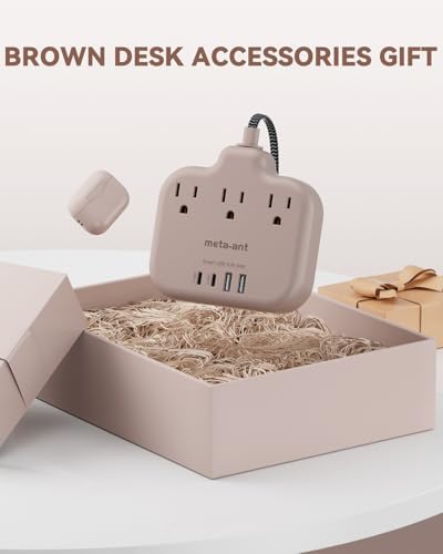 Brown Extension Cord with USB C - 5 FT Flat Braided Extension Cord with 3 Outlets & 4 USB Ports (2 USB-C), 1625W Tan Cord for Brown Tan Wood Walnut Grain Desk Accessories