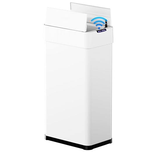 TLSUNNY 21.1 Gallon Automatic Trash Can, Stainless Steel Motion Sensor Garbage bin, Smart Trash Can W/Butterfly Lid, Bag Retainer Ring and Display Light for Living Room,Kitchen,Office (White, 80L)