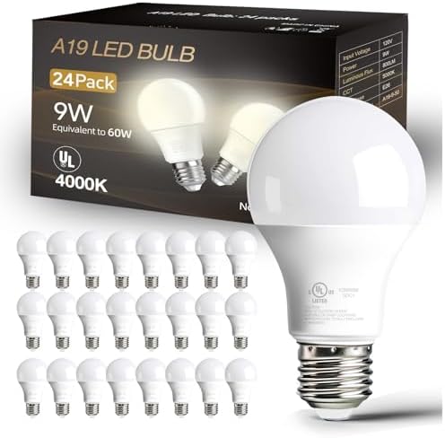 dalattin 24 Pack LED Bulbs Natural White 4000K, 60 Watt Equivalent A19 Standard Bulbs, E26 Base, 800 LM, Efficient 9W Energy Saving, Non-Dimmable, 80+ CRI, 120V, UL Listed, for Living Room, Office