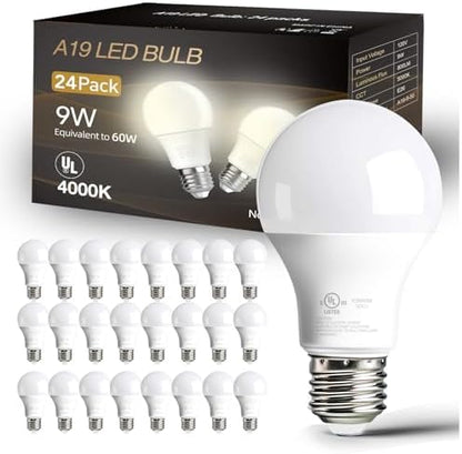 dalattin 24 Pack LED Bulbs Natural White 4000K, 60 Watt Equivalent A19 Standard Bulbs, E26 Base, 800 LM, Efficient 9W Energy Saving, Non-Dimmable, 80+ CRI, 120V, UL Listed, for Living Room, Office