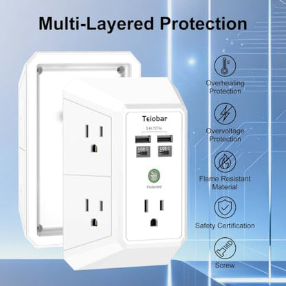 Wall Charger, Surge Protector, Teiobar 5 Outlets and 4 USB Ports(2USB-C)