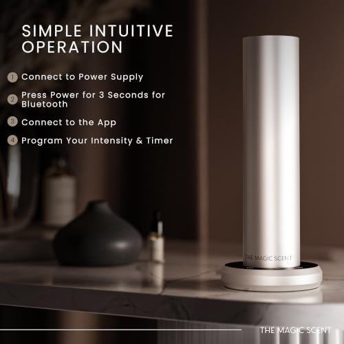 The Magic Scent Bluetooth Diffuser - Smart Ultra-Quiet Cold-Air Waterless Scent Diffuser for Home, Hotel, & Office - Programmable Intensity & Timer - Premium Aroma Oil Included (Silver)