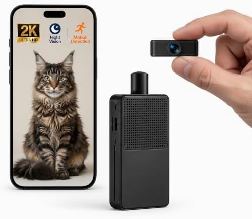 Mini Camera Wireless, 2K HD Nanny Camera with 8H Long Battery Life & Free Cloud Storage, WiFi & Offline Recording, Night Vision & Motion Detection for Pet/Home Monitoring