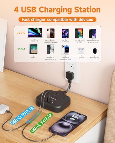 Short Extension Cord 3 Inch, Flat Plug Small Power Strip with 3 AC & 4 USB(1 USB-C), 1875W/15A, Multi Plug Outlet Extender, Non-Surge Protection for Cruise Travel Dorm Kitchen, Black