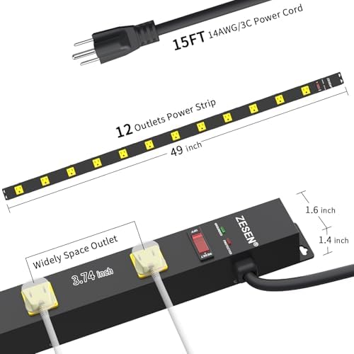 12 Outlet Industrial Long Power Strip Wide-Spaced Outlets with 15Ft Cord