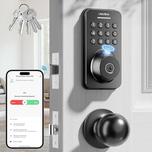 Ulecoce U68W WiFi Fingerprint Smart Door Lock with Knob Set, Matte Black