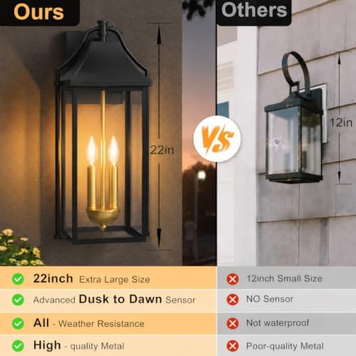 22IN Dusk to Dawn Outdoor Light, 2-E12 Base Outdoor Porch Light
