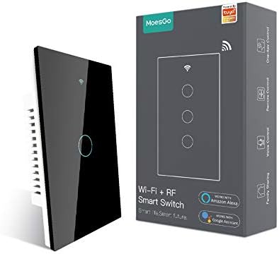 MoesGo WiFi Smart Wall Light Switch,Glass Panel, Multi-Control(3 Way), 2.4GHz Wi-Fi Touch Switches, Neutral Wire Required, Remote Control Smart Life/Tuya App, Work with Alexa, Google Home Black 1 Gang