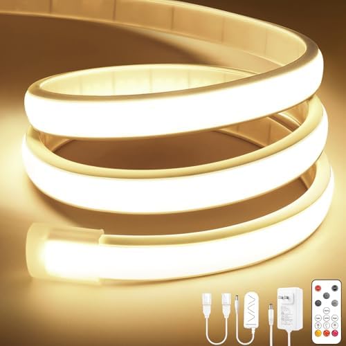 Lamomo COB LED Strip Lights, 16.4Ft Natural White Dimmable Self-Adhesive Led Rope Light with Remote, Flexible Cuttable Waterproof 4000K Silicone Neon Tape Light for Bedroom,Indoor, Cabinet, 10mm Width