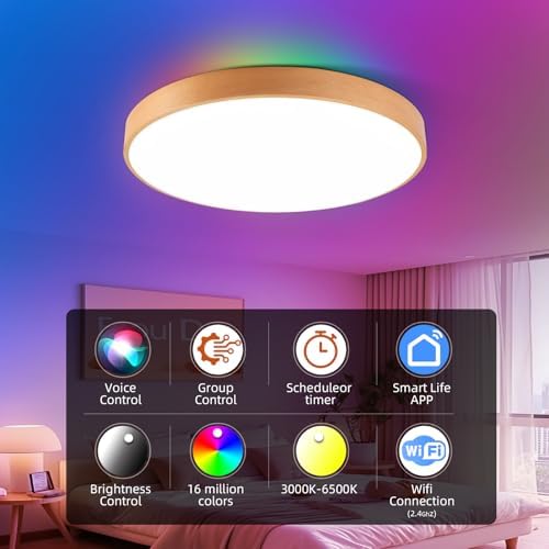 Smart Wood Flush Mount Ceiling Light with Remote 12"
