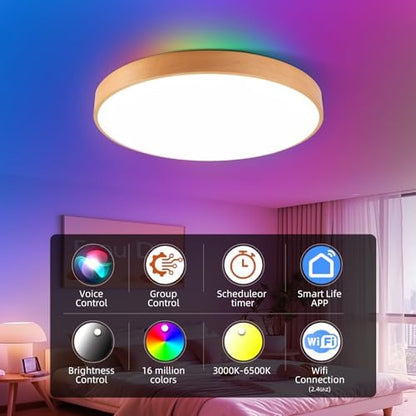 Smart Wood Flush Mount Ceiling Light with Remote 12"