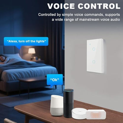 Smart Switch for Light 2 Gang, 2.4GHz Wi-Fi Switch Compatible with Alexa and Google Home,Voice Control, Remote Control, Timer & Schedule UL Certified, No Hub Required