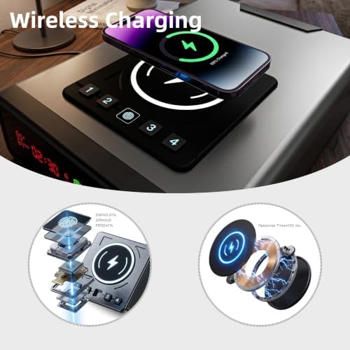 XDeer Biometric Gun Safe for Handgun with Wireless Charging, Quick Access Fingerprint Gun Safes, Bedside Pistol Case, 7/24 Digital Alarm Clock Small Safe Silver 1PCS