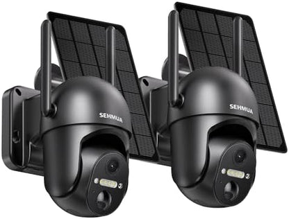 SEHMUA 2 Pack Solar Security Cameras Wireless Outdoor, 2K 360° View Battery Powered Outdoor Camera, WiFi Home Security with Spotlight Color Night Vision, PIR Sensor, Black