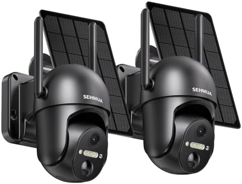SEHMUA 2 Pack Solar Security Cameras Wireless Outdoor, 2K 360° View Battery Powered Outdoor Camera, WiFi Home Security with Spotlight Color Night Vision, PIR Sensor, Black