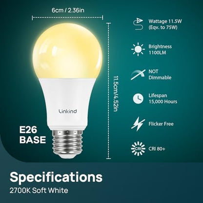 Linkind A19 LED Light Bulbs, 75 Watt Equivalent, 2700K Soft White 6 Packs
