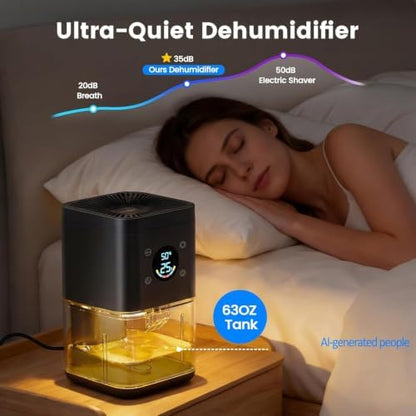 Small Dehumidifier for Bedroom – 63oz 35dB Quiet Auto Dehumidify (60/70%) & Continuous Mode for Bathroom Home Closet RV, Auto Defrost & Auto Shut-Off, 7-Color Light & Timer, Lightweight – Black