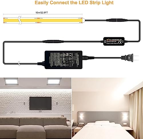 Pandery COB LED Strip 32.8ft,Dimmable Strip Lights, 6000K Daylight Super Bright LED Strip Lights, DC24V CRI90+,LED Tape Light with UL-Listed Power Supply, Indoor for Closet,Bedroom,Kitchen
