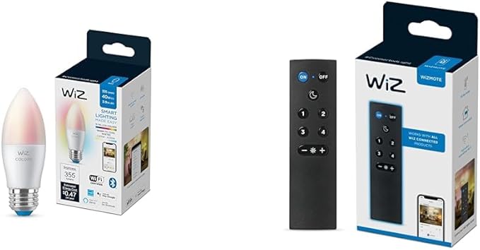 WiZ 60W B12 Color LED Smart Candle-Shaped Bulb - Pack of 1 - E26, Indoor & WiZ Remote - Pack of 1 - Works with All Products - Turn Lights On or Off, Brighten