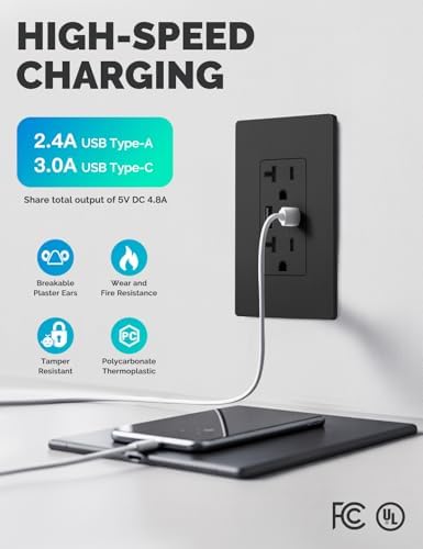 MOES USB Wall Outlet 20 Amp, USB-C and USB-A 24W Charging, Black, 1 Pack