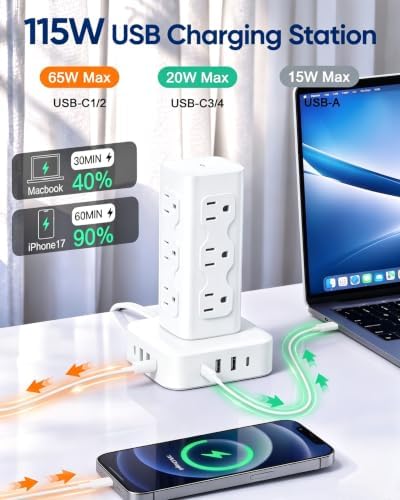 Power Strip Tower Surge Protector(2000J), PD65W Charging Station Tower with 12 AC Outlets & 8 USB Ports (4 USB C), 6FT Extension Cord for Home Office Dorm, White