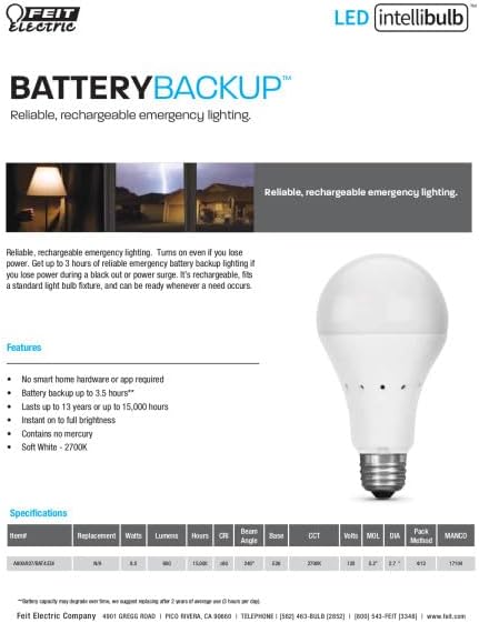 Feit Electric IntelliBulb – Battery Backup LED Bulb, Soft White 40W Equiv A21 (A800/827/BAT/LEDI)