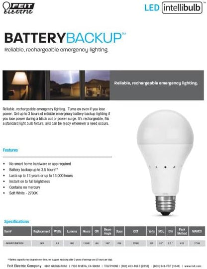 Feit Electric IntelliBulb – Battery Backup LED Bulb, Soft White 40W Equiv A21 (A800/827/BAT/LEDI)