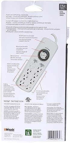 Southwire Woods Indoor 8-Outlet Power Strip Timer - Power Strip with Built-In Mechanical Timer - Programmable Outlet Strip - Grounded Outlets - Daily Power Control - White