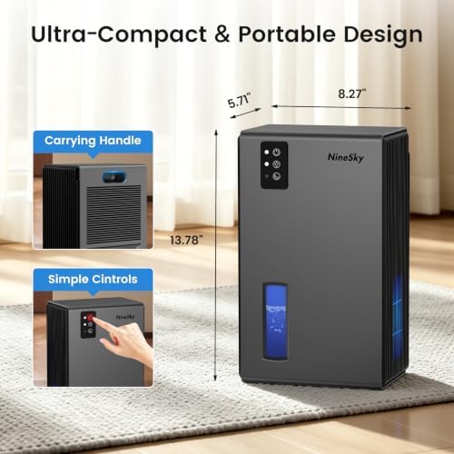NineSky Dehumidifiers for Home, 1000 Sq.Ft Dehumidifier with 95oz Water Tank, Quiet Dehumidifier for Basement Bathroom Bedroom with 7-Color Ambient Light & Auto Shut Off, (Grey)