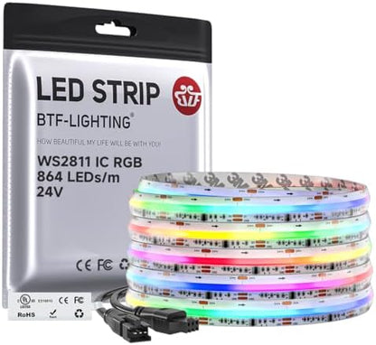 BTF-LIGHTING IP66 RGB WS2811 Smart IC FCOB COB LED Strip, UL Listed 864LEDs/m High Density Color Chasing Uniform Light, DC24V 24FT 12mm Width Tape Light for Home DIY Decor(No Adapter or Controller)