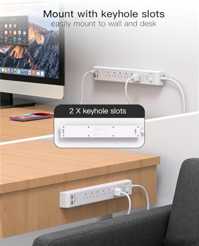 2 Pack Power Strip, 5FT Extension Cord, Surge Protector with 6 Outlets and 4 USB Ports (2 USB C), Flat Plug Overload Protection, Extension Cord with Multiple Outlets, Wall Mount for Home Dorm College